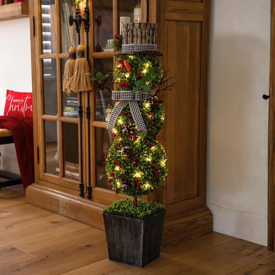 Nearly Natural 3.5ft. Pre-Lit Artificial Christmas Boxwood Snowman Topiary Tree in Decorative Planter